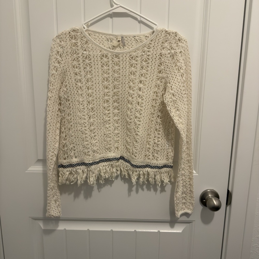 Lovemarks Women's Ivory Crochet Sweater‎ Fringe Bottom Size Small